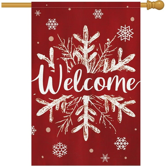 Christmas Welcome Garden Flag 28x40 Inch Double Sided Burlap, Snowflake Welcome Winter Yard Flag for Winter Holiday Xmas Yard Outdoor Decoration(ONLY FLAG)