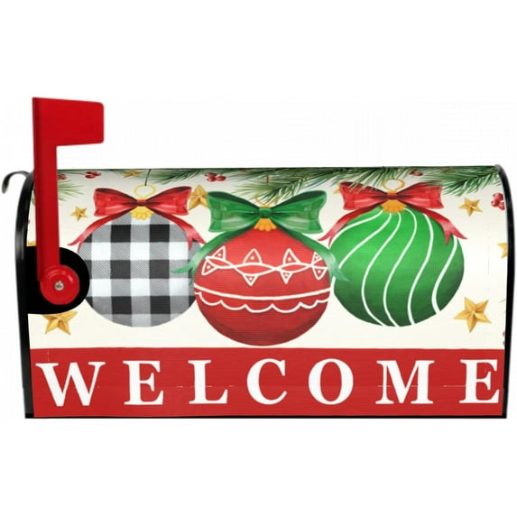 Christmas Welcome Mailbox Cover 21" X 18" Red Green Ornament Ball Magnetic Mailbox Wraps Standard Size Post Letter Box Cover for Outdoor Decoration Garden Decor