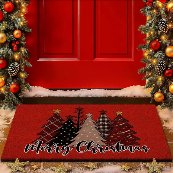 Christmas Welcome Natural Coir Door Mat, Forest Christmas Tree Front Door Outdoor Doormat Outside Entrance Porch Non Slip Rubber Rug Winter Xmas Farmhouse Decor 24*35in M-A