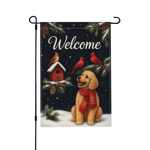 Christmas Welcome Poodle Dog Garden Flag with Red Scarf Bird and Birdhouse for Porch Lawn Patio 12x18 in