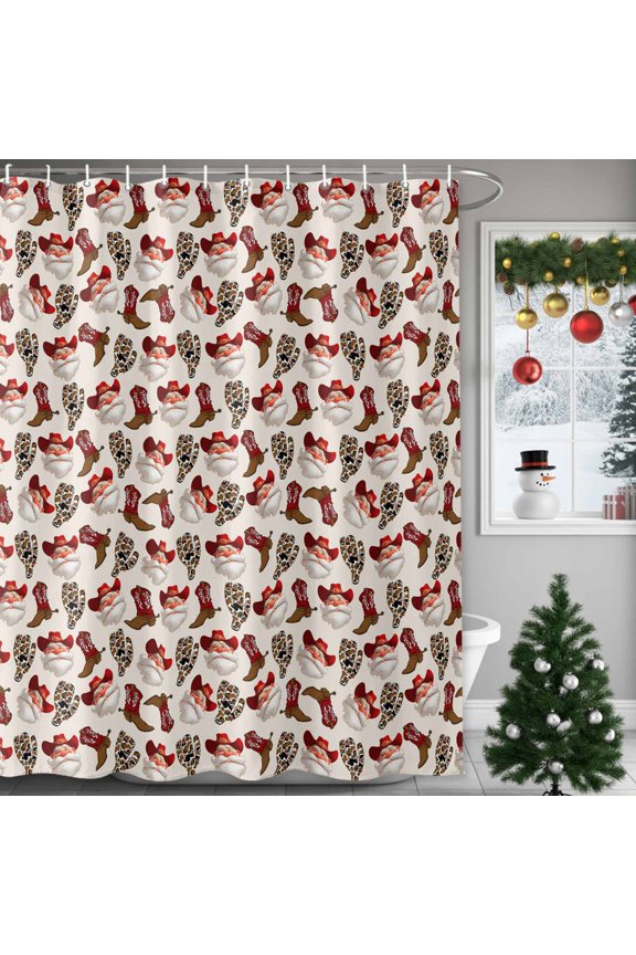 Christmas Western Cowboy Santa Shower Curtain for Bathroom, Seamless Boot Cow Cactus Waterproof Shower Curtains Washable Quick Dry with Hooks Bathtub Curtains 60x72IN