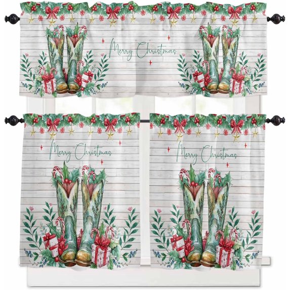 Christmas Western Kitchen Curtains and Valances Set, Rod Pocket Curtains Tier Farmhouse Window Curtains 36 Inch Length, Xmas Boots Leaves Flower Wooden Grain 3 Piece Kitchen Curtains Set