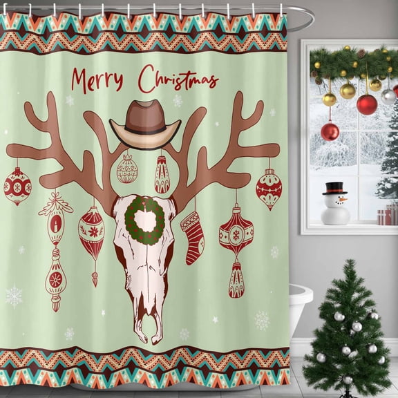 Christmas Western Shower Curtains for Bathroom, Deer Bones Xmas Ball Waterproof Fabric Shower Curtain for Bathroom Bathtub Decoration, Machine Washable, 54x"78"