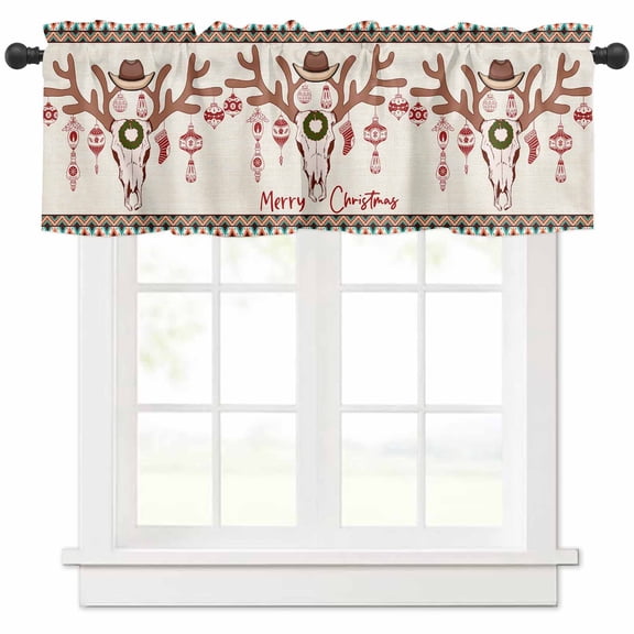 Christmas Western Valances for Windows, Deer Bones Xmas Ball Light Filtering Window Treatment Valances, Rod Pocket Small Curtains for Kitchen/Bathroom, 54"x18"