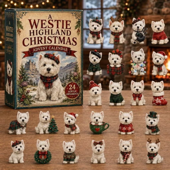 Christmas Westie Advent Calendar 2026, 24 Day Countdown with 24 Plaid Beret Acrylic Hanging Ornaments and Daily Surprises, Holiday Decor for Tree Wreath Garland Door Gift Displays