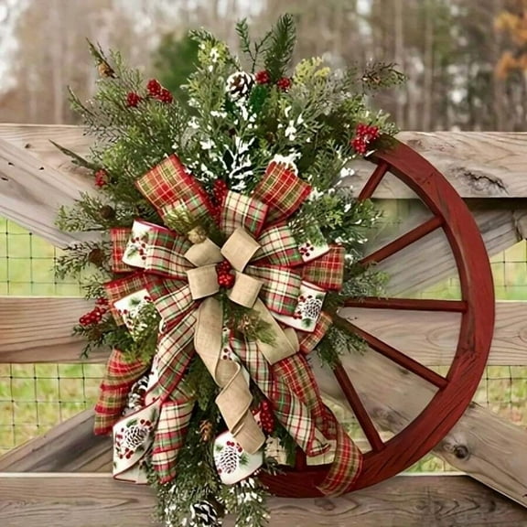 Christmas Wheel Wreath Wall Decoration, Natural Rattan Christmas Wreath With Red Berry Pine Branches And Pine Cones Decoration, Christmas Door Hanging Holiday Home Front Decoration