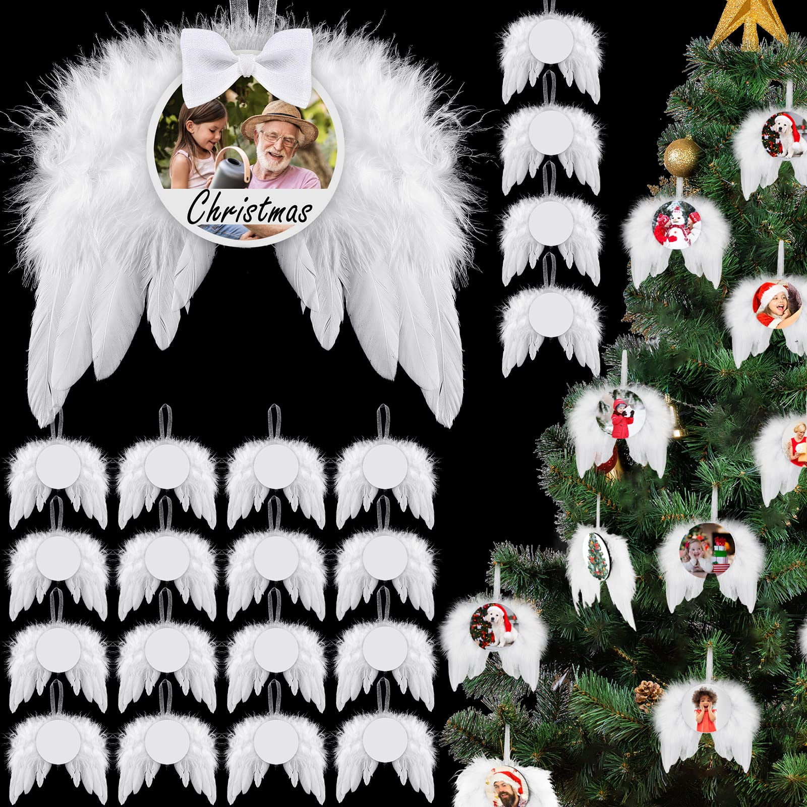 Kigley 96 Pcs Angel Christmas White Soft Wings Ornament Round Acrylic  Sublimation Blanks Feather Hanging Decor with 48 Mini Bows for Christmas  Tree