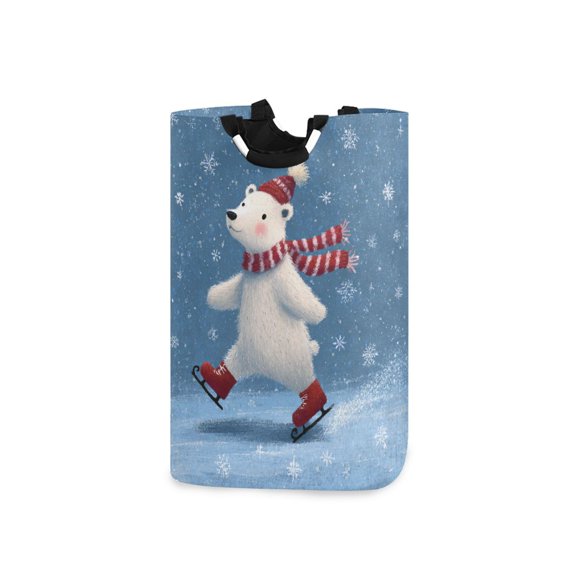 Christmas White Bear Skating Cute Laundry Basket with Handles Foldable Laundry Hamper Freestanding Washing Bin 50L