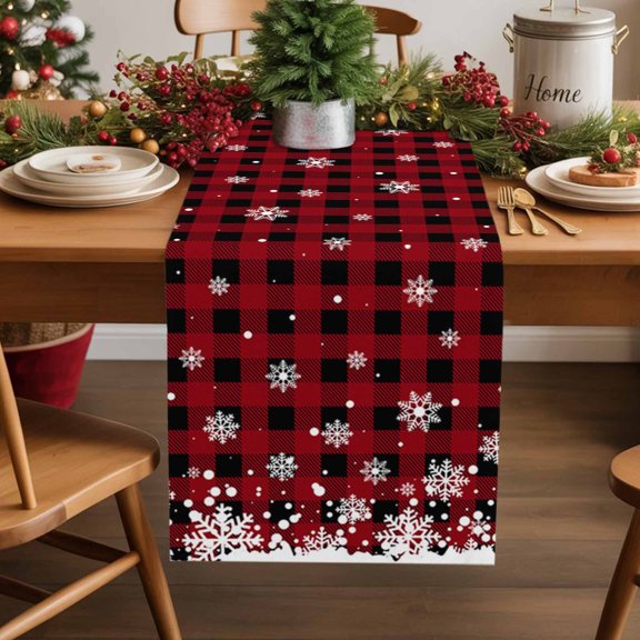 Christmas White Cotton Linen Table Runner Snowflake Snow On Black and Red Plaid Dining Table Runners for Home Decor Party Dining Room Restaurant Kitchen Party 13" x 48"