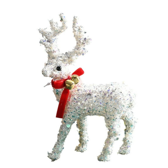 Christmas White Elk Figurine with Red Bow Bell Scarf, Small Xmas Bright Ornament, Holiday Party Table Decor