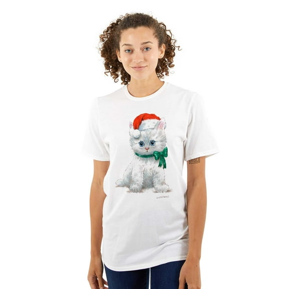 Christmas White Kitten Santa Hat Women's Plus Size Graphic Tee Brisco Brands 2X
