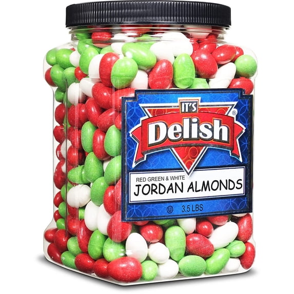 Christmas White, Red & Green Jordan Almonds by Its Delish, 3.5 lbs. Jumbo Reusable Container Candied Almonds with Sweet Hard Candy Coating - Perfect for Christmas Themed Parties - USA Made & Vegan