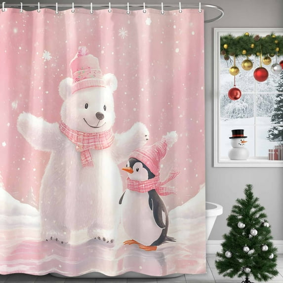 Christmas White Shower Curtains for Bathroom, Bear Penguin Snowflake Pink Waterproof Fabric Shower Curtain for Bathroom Bathtub Decoration, Machine Washable, 54x"78"