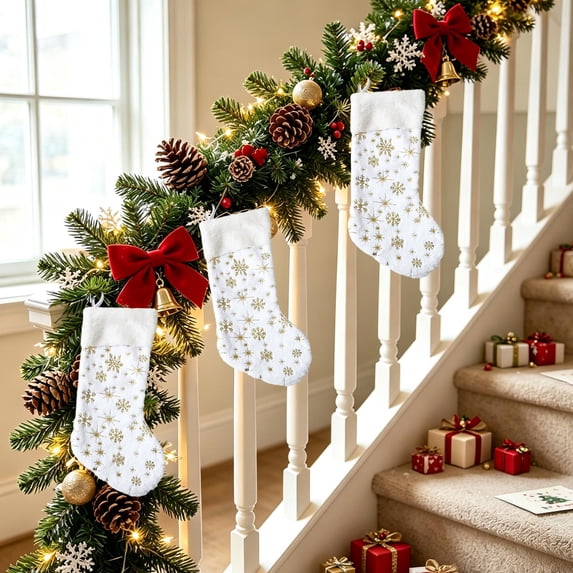 Christmas White Snowflake Stockings, 18"Large Super Soft Knitted Xmas Stocking for Kids, Christmas Decoration Holiday and Family Stocking for Fireplace Christmas Holiday Party Decoration
