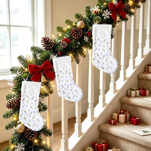 Christmas White Snowflake Stockings, 18"Large Super Soft Knitted Xmas Stocking for Kids, Christmas Decoration Holiday and Family Stocking for Fireplace Christmas Holiday Party Decoration