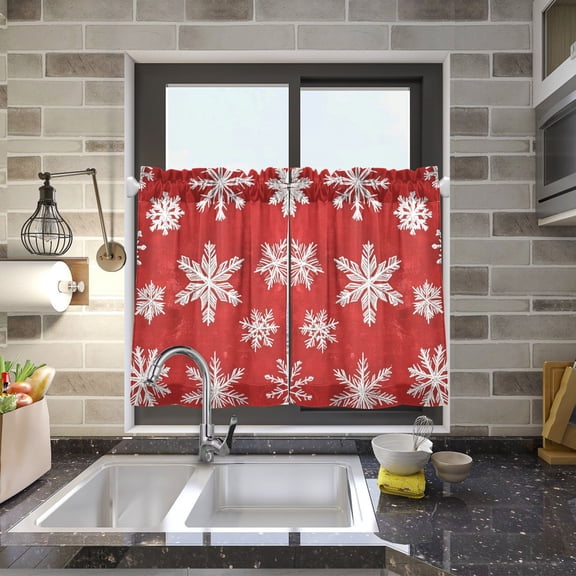 Christmas White Snowflakes Kitchen Curtains Half Tier Curtain 2 Rod Pockets Bathroom Bedroom Cupborad Living Room 27"x24"