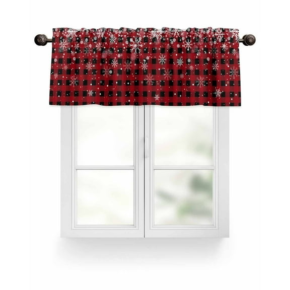 Christmas White Snowflakes Kitchen Valances for Windows Winter Red Black Buffalo Plaid Valance Curtains&nbsp; for Kitchen /Living Room/Bedroom/ Bathroom Decor, 54"x18 " ,Rod Pocket 1 Panel,