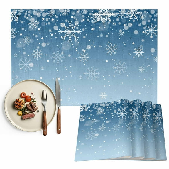 Christmas White Snowflakes Placemats Set of 12, Winter Blue Gradient Table Mats Washable Heat-Insulation Non-Slip Place Mats for Kitchen Dinner Table Indoor Outdoor Decor,13x19 Inch