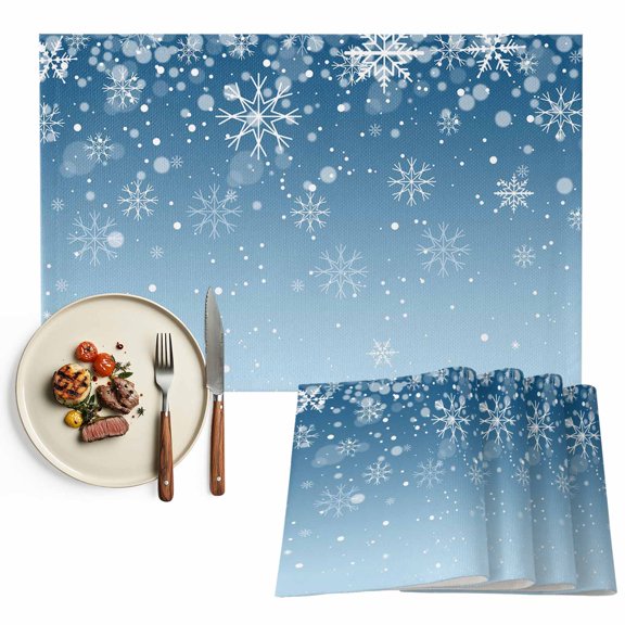 Christmas White Snowflakes Placemats Set of 8, Winter Blue Gradient Table Mats Washable Heat-Insulation Non-Slip Place Mats for Kitchen Dinner Table Indoor Outdoor Decor,13x19 Inch