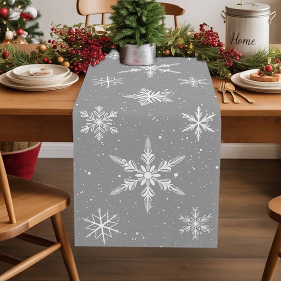 Christmas White Snowflakes Table Runner 13x36in Non-Slip Cotton Linen Table Runners, Winter Snow Seamless on Gray Dresser Scarves TableRunner for Dinner Kitchen Dining Wedding Party