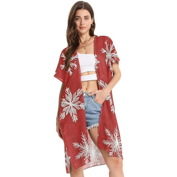 Christmas White Snowflakes Women Swimsuit Cover up V Neck Beach Dress Short Sleeve Vacation Outfits Swimwear