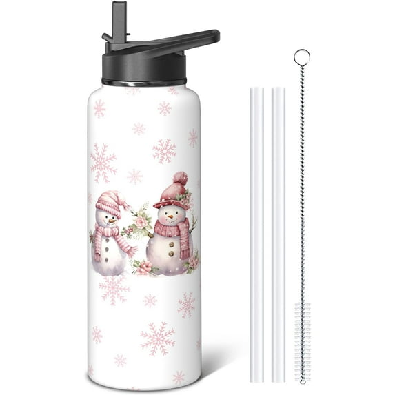 Christmas White Snowman 40oz Sport Water Bottles with Flip Straw & Spout Lid, Xmas Snowflake Stainless Steel Travel Cup, Winter Holiday Gifts for Women Girls (1 PC)
