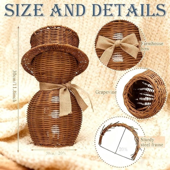 Christmas Wicker Snowman Decoration, Rustic Wicker Snowman Figurines with Scarf, Vintage Rattan Snowman Statue for Winter Holiday Xmas Home Table Shelf(12IN Rattan)