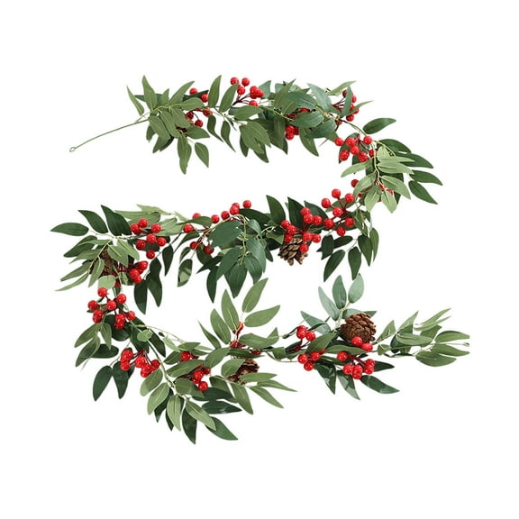 Christmas Willow Leaf Garland with Red Berries & Pine Cones, 170cm Artificial Vine for Home, Door, Mantel, Wedding & Holiday Decoration