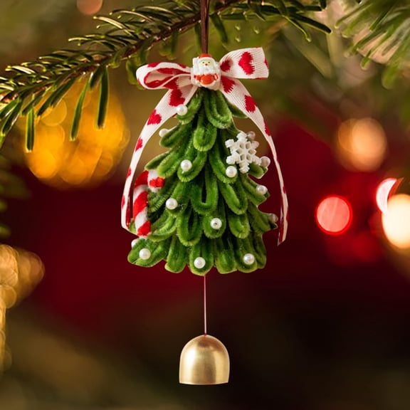 Christmas Wind Chimes Pendant Hanging Ornament, Pearl Embellishment Bow Decor with Bell, Hand Woven Mini Chime for Tree Car Home, Festive Party Decoration Accent 7.5x7.5x17cm