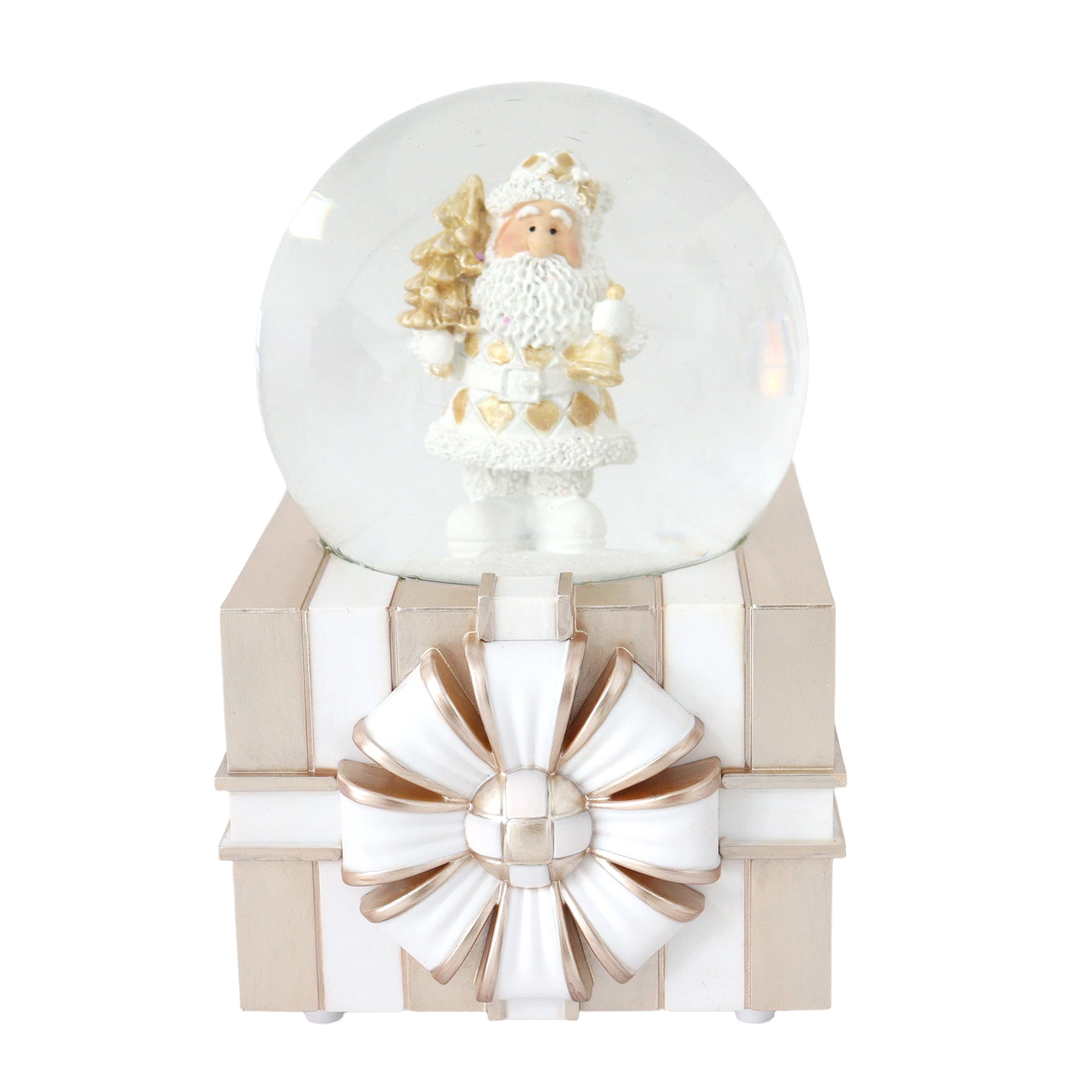 Santa on Gift Box Base Musical Christmas Snow Globe, Gold and White, 6.3", by Holiday Time