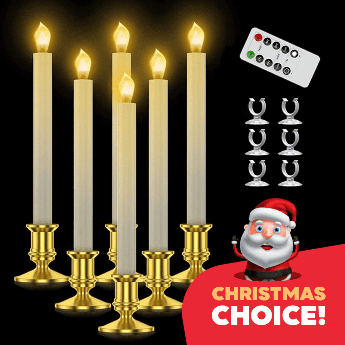 Christmas Window Candles - 6 Pack, Christmas LED Taper Candles with Timer & Stands, Flickering Flameless Candles with Remote Control, Battery Operated Candles, Indoor Xmas Holidays Decorations (Gold)