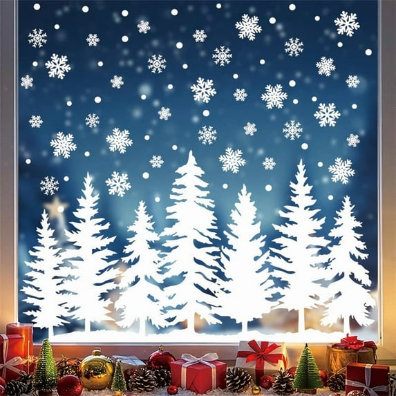 Christmas Window Cling Sticker, Trees Snow Decoration for Home Party Supplies Shop Window Glass Display Decor C