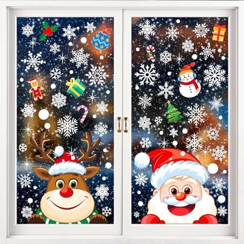 Christmas Window Clings - 145 Pcs Xmas Glass Stickers, Santa, Snowflakes, Reindeer, Snowman - Winter Holiday Window Decorations for Festive Spirit$$Home Decor, Kitchen, & Other
