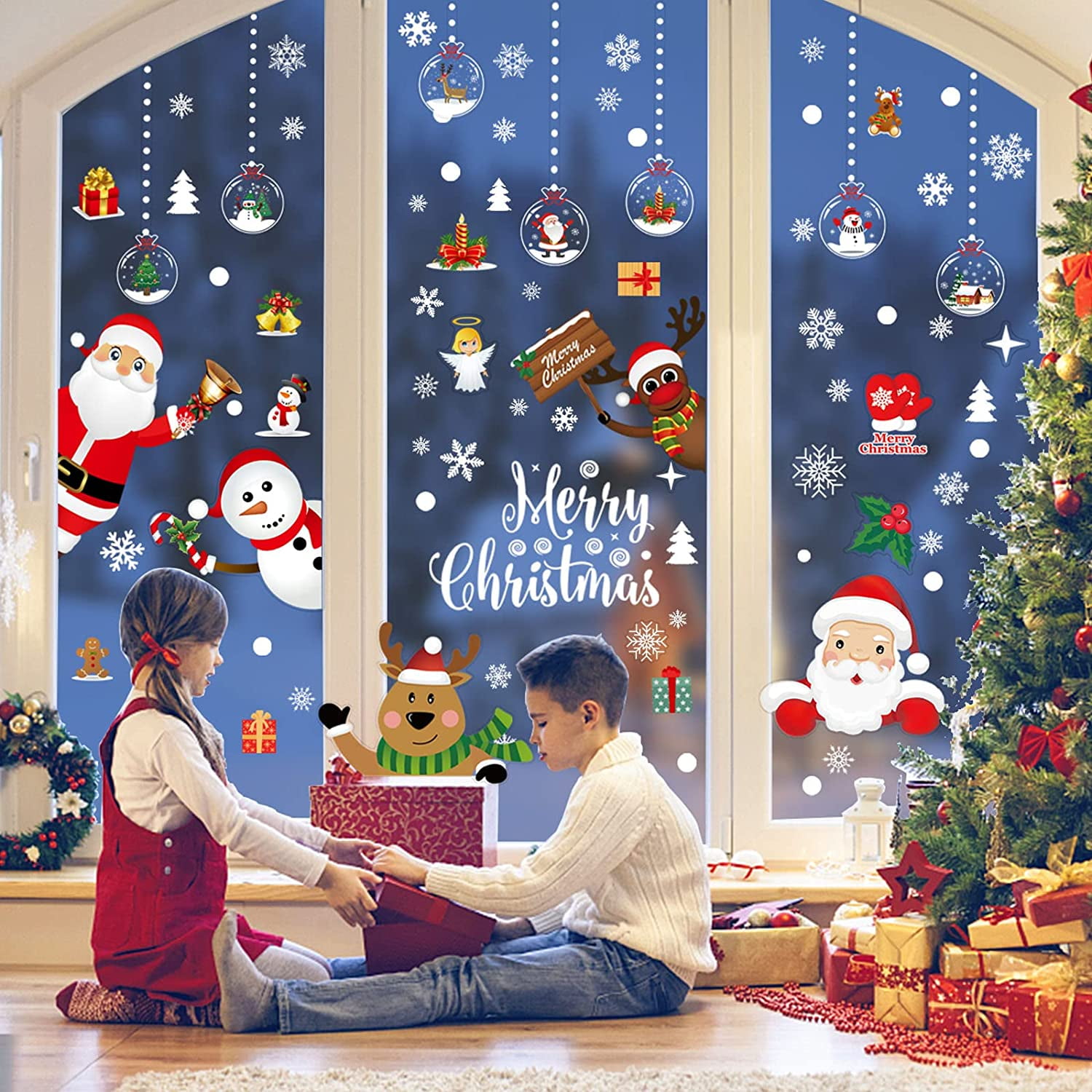 Christmas Window Clings, 155 Pcs Christmas Window Stickers, 9 Sheets Reusable Xmas Window Decals with Santa Claus Reindeer Snowman, Double-Side Xmas Snowflake Window Clings for Winter Party Supplies