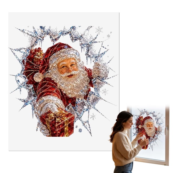 Christmas Window Clings, 19.69X15.75" 3D Broken Glass Style Decals, Static Cling Sticker, Peel and Stick Holiday Stickers, Glass Door Decorations, Seasonal Ornament Decals, Winter Santa Wall Art