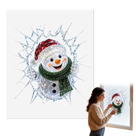 Christmas Window Clings, 19.69X15.75" 3D Broken Glass Style Decals, Static Cling Sticker, Peel and Stick Holiday Stickers, Glass Door Decorations, Seasonal Ornament Decals, Winter Snowman Wall Art