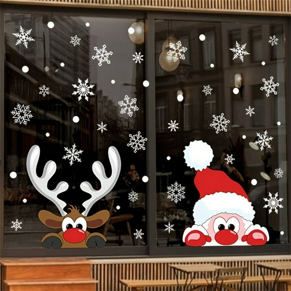Christmas Window Clings, Christmas Window Stickers Cute Santa Claus Reindeer Snowflakes Double Sides Window Cling Decals for Xmas Party Decorations
