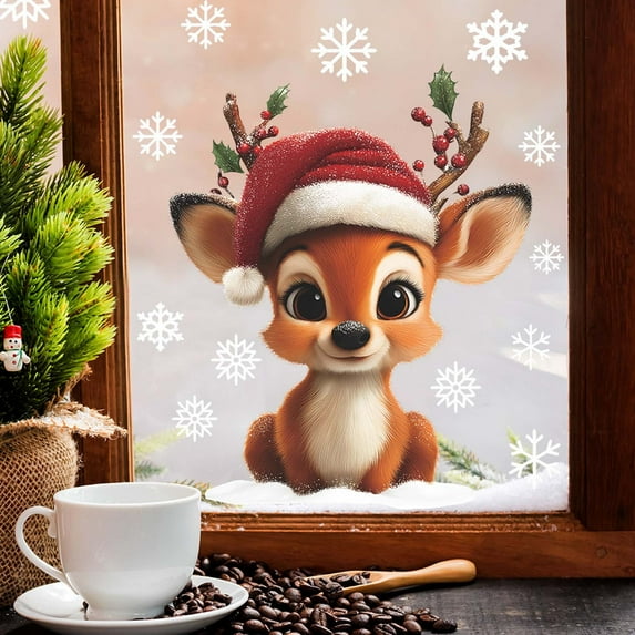 Christmas Window Clings with Deer and Snowflake Patterns, Electrostatic Window Stickers for Glass Decoration During Winter Holidays and Seasonal Celebrations