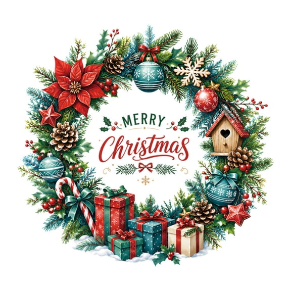 Christmas Window Clings with Festive Wreath and Merry Christmas Design, Single Sheet, Multicolor Pvc, for Living Room and Bedroom Windows, Holiday Decorations