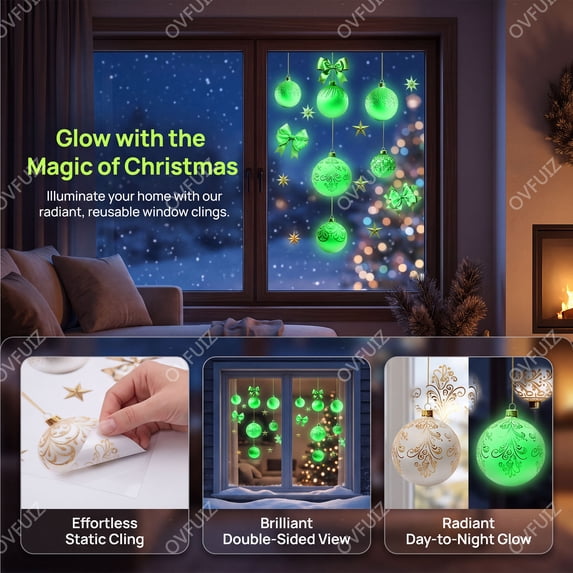 Christmas Window Clings Glow in Dark Stickers for Glass Windows Holiday Decor by OVFUIZ