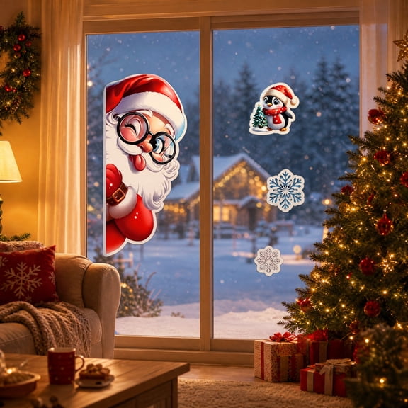 Christmas Window Clings, Peeking Santa Claus Static PVC Decal, Reusable Holiday Glass Decoration for Home Windows Glass Doors and Storefront Displays