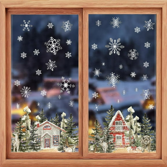 Christmas Window Clings, Reindeer Tree Christmas Stickers for Window Decorations, Winter Wonderland Xmas Holiday Snowflakes Window Decals for Party Office Classroom, Reusable Green