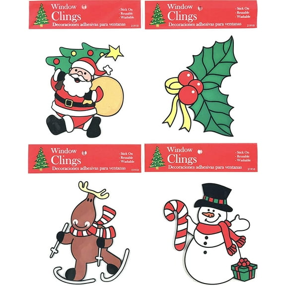 Christmas Window Clings: Santa, Moose on Skies, Snowman and Holly Berries, 4 Sheets