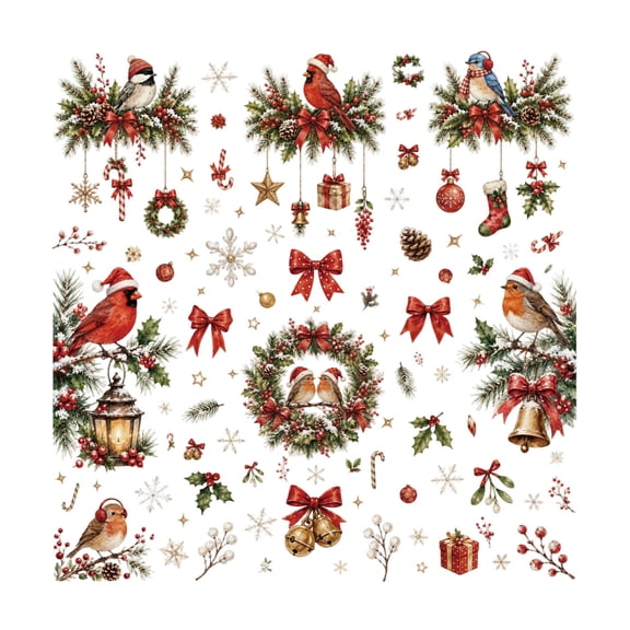 Christmas Window Clings Stickers, 6 Sheets Christmas Wreath Cardinal Birds Christmas Decorations, Xmas Window Decals Stickers for Home Shop Glass Windows, Winter Holiday Display Decor