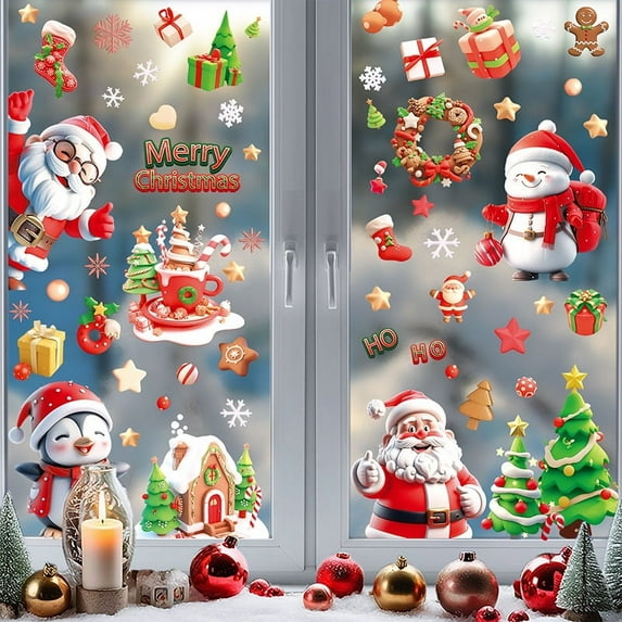 Christmas Window Clings Stickers Decorations, Snowman Window Decals Snowflake Lights for Windows Decals