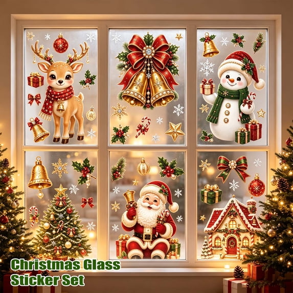 Christmas Window Clings Stickers for Glass Window Car Decor, Xmas Santa Claus Snowman Snowflake Reindeer Xmas Tree Decals Decorations for Party, Reusable