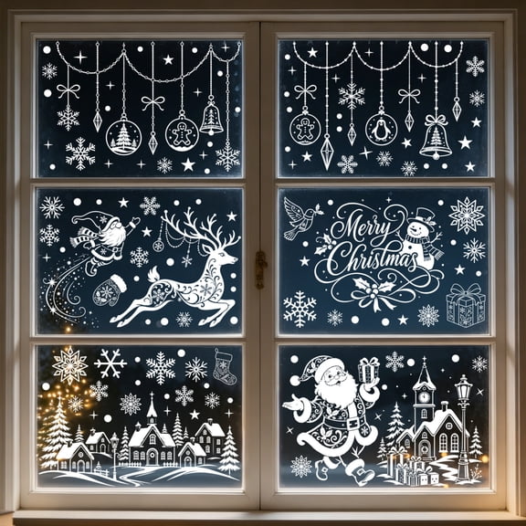 Christmas Window Clings, White Static Xmas Window for Indoor Home Holiday Party Decor, 6 Sheets Peel and Stick Christmas Window Decorations