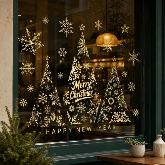 Christmas Window Clings, Holiday Winter Golden Christmas Tree Window Decals for Home Xmas Party Decorations Supplies, Reusable Happy New Year Cling for Windows