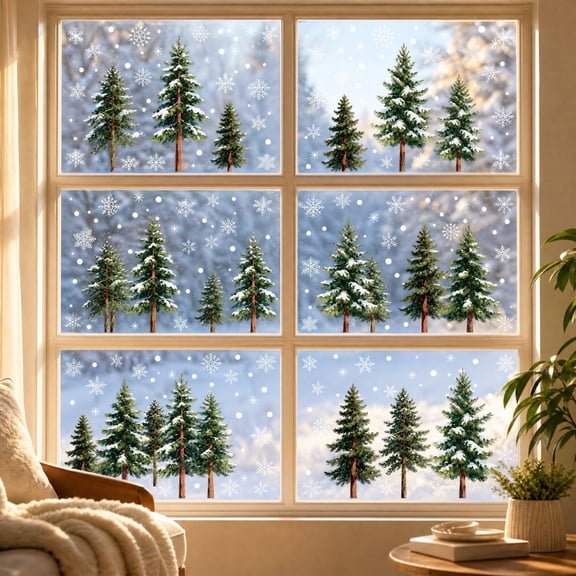 Christmas Window Clings Winter Snow Scene Decorations 8 Pcs Reusable Glass Decals Snowflake Tree Patterns For Home Store Holiday Decor
