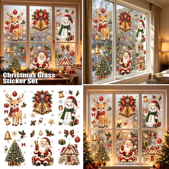 Christmas Window Clings for Glass Windows, Cute Santa Claus Snowman Window Display Door Wall Stickers Holiday Party Supplies